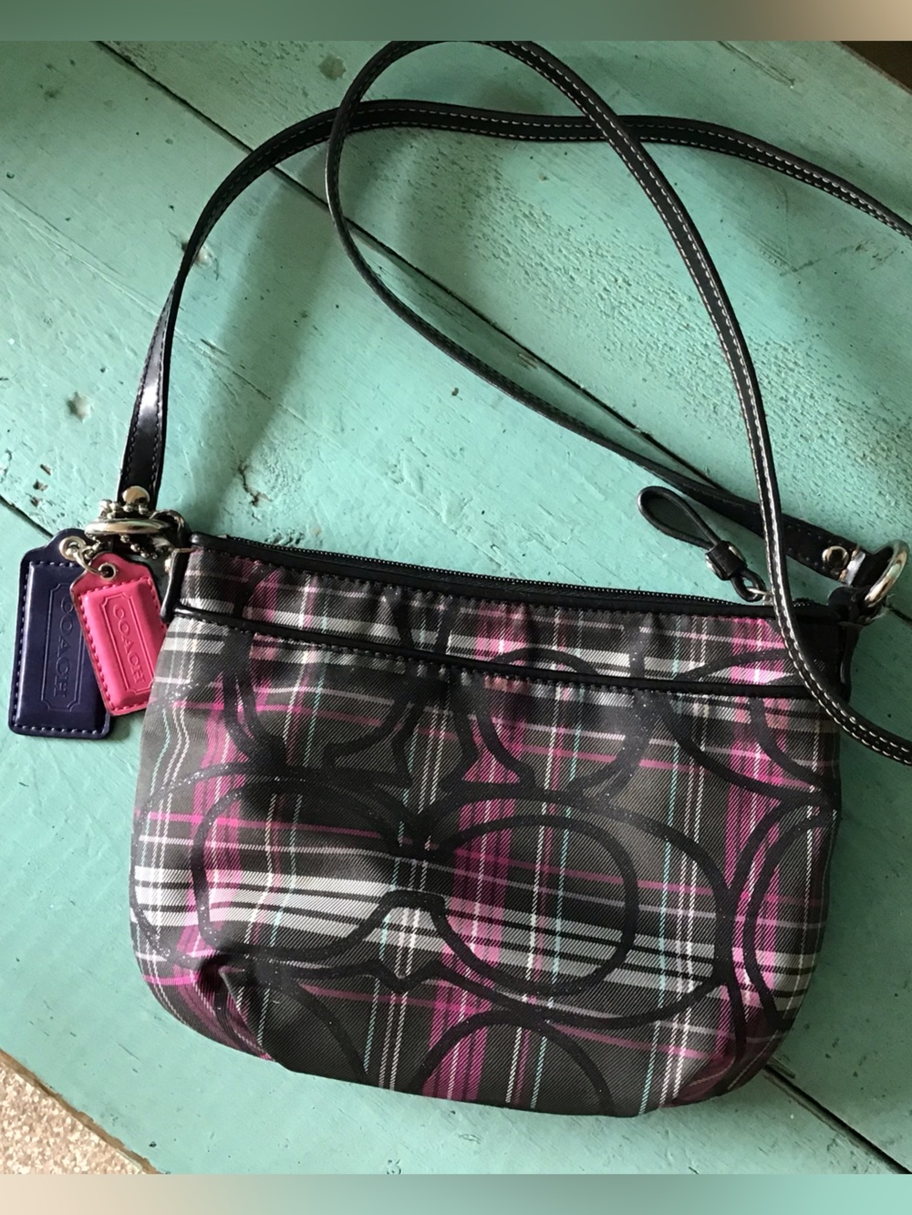 Coach Pink and Black Plaid Signature Crossbody